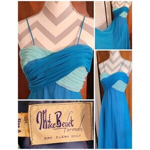VTG 70s FAIRY BLUE Ruched chiffon maxi A-line prom formal empire party dress xs